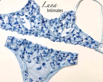 Floral Embroidery Lingerie Set – Sheer Bra & Panty Duo, Romantic See-Through Lingerie for Women, Delicate Flower Set, Gift for Her