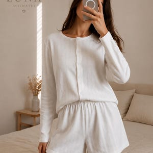 Women’s White Cotton Pajama Set Soft Button-Up Long Sleeve Top and Comfy Shorts Lightweight Cozy Sleepwear Everyday Loungewear Gift for Her