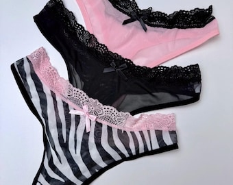 3 Pack Mesh Thong Set for Women, Sheer Lace Panties, Sexy Lingerie Set, Soft See Through Underwear, Animal Print Pink Black Thongs, Gift for