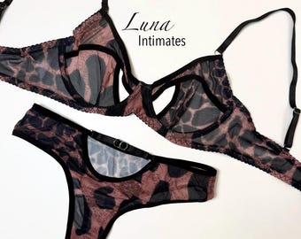Leopard Mesh Lingerie Set – Sheer Underwire Bra & Cheeky Thong | Wild Animal Print Lingerie | Sexy See Through Set for Women | Gift for Her