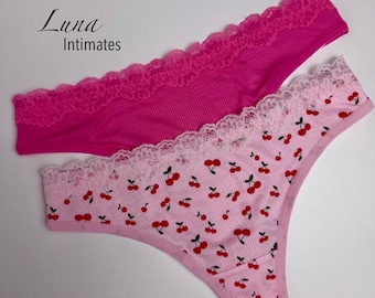 Cherry Lace Thong 2-Pack – Cute Women's Panties | Soft Ribbed Viscose Underwear | Stretch Lingerie with Lace Trim | Everyday Comfy Thongs