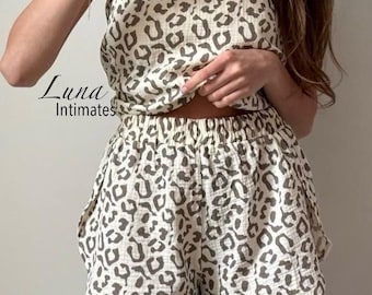 Muslin Cotton Pajama Set for Women - Leopard Cami & Shorts | Lightweight Breathable Sleepwear |Soft Muslin Lounge Set | Cute Leopard PJs