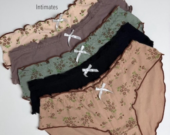 Braguitas de viscosa suave con volantes florales – Ropa interior femenina bonita para el día a día / Braguitas con lazo acanalado / Lencería elástica y cómoda