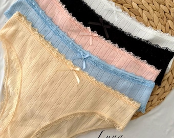 Cotton Lace Panties for Women, Soft Ribbed Underwear, Cute Bow Briefs, Everyday Cotton Panties, Feminine Lingerie, Cottagecore Underwear