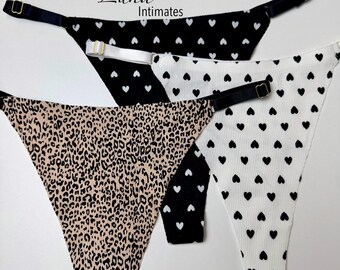 Cotton Thong Set 3 Pack, Leopard & Heart Print Thongs, Adjustable Low Rise Underwear, Soft Stretch Cotton Panties. Valentines Day Panty Gift