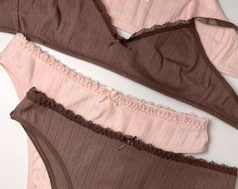 Conjunto de lencería de algodón suave sin aros, bralette y tanga 100 % algodón para mujer, ropa interior suave para uso diario, sujetador transpirable de algodón natural.