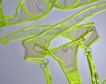 Sheer Mesh Lingerie Set – Sexy Transparent Bra and Thong with Garter Belt | Romantic See Through Underwear for Women | Elegant Gift for Her