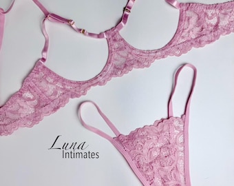 Pink Open Cup Lace Lingerie Set – Half Cup Bra and Crotchless Thong, Sheer Floral Two-Piece Intimates for Women. Valentines Gift for Her