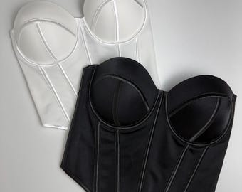 Top corsé de satén negro, corsé bustier, top corto con varillas, corsé con aros, top para damas de honor, corsé para salir, top de lencería estructurado