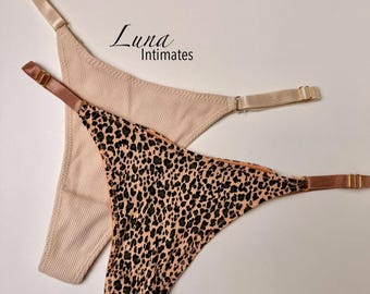 2-Piece Thong Panties Set for Women – Leopard & Beige Thong Underwear, Sexy Adjustable Strap Lingerie, Soft Cotton One Size Thongs Gift Set