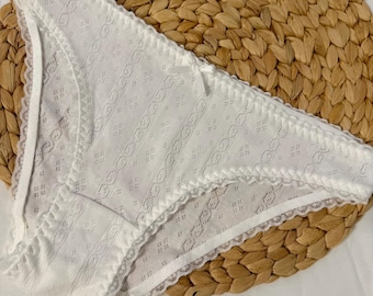 White 100% Cotton Panties for Women, Soft Eyelet Cotton Briefs, Breathable Everyday Underwear, Cottagecore Lingerie, Lace Trim Panties