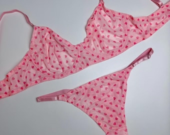 Heart Mesh Lingerie Set - Sheer Underwire Bra and Thong | Transparent Romantic Intimates for Women |Cute Valentines Lingerie Gift