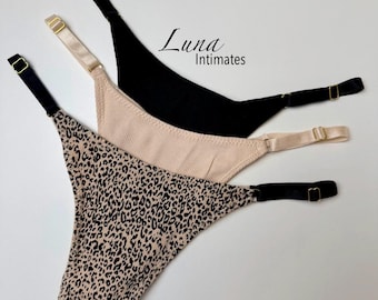 3-Pack Seamless Thong Set – Adjustable Ribbed & Leopard Print Panties for Women, Cotton Underwear, Comfortable Everyday Lingerie Gift