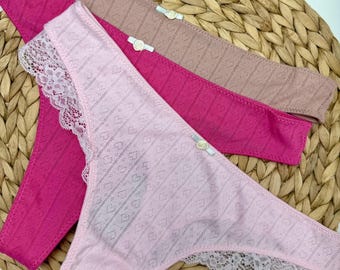 Viscose Thong Panties for Women, Lace Trim Everyday Underwear, Comfortable Minimal Thong, Valentines Day Thong Panties Gift