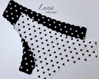 Heart Print Seamless Cotton Thong | Soft Ribbed No-Show Underwear | Scalloped Edge Panties | Heart Cute Minimal Lingerie. ValentinesDay Gift