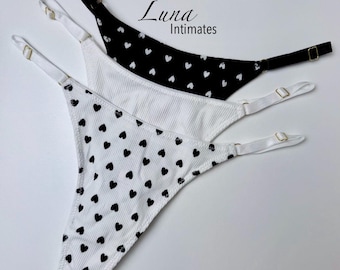 3-Pack Heart Print Thong Set for Women – Cute Ribbed Seamless Thongs, Soft Stretch Cotton, Low Rise Underwear, One Size Thong Gift Set