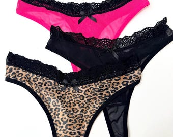 Sheer Lace Thong Panties for Women – Sexy Mesh Bikini with Bow Detail, Leopard / Hot Pink / Black Lingerie, Soft Breathable Underwear