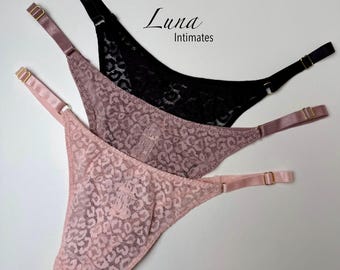 Conjunto de tanga de encaje ajustable de 3 piezas • Braguitas transparentes de corte alto • Braguita de lencería sexy de malla elástica • Conjunto de ropa interior para mujer • Regalo de San Valentín