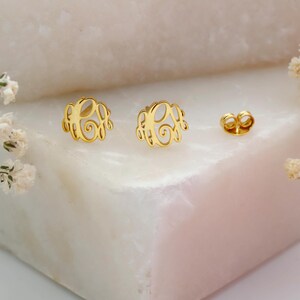 May include: A pair of gold-colored monogram earrings with a matching earring back. The earrings are displayed on a white and pink surface, with white flowers in the background. The earrings have a delicate, openwork design.