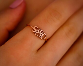 Personalized Paw Initial Ring, Custom Dog Mom Ring, Pet Lover Jewelry, Paw Print Letter Ring, Gift for Pet Owners