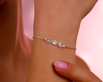 Dainty Flower Bracelet, Rose Lotus Daisy Bracelet, Minimalist Floral Jewelry, Delicate Nature Bracelet, Flower Charm Bracelet, Gift for Her