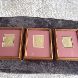 May include: A set of three rectangular wooden picture frames, each featuring a dusty rose matting and a central cream-colored embossed floral print. The frames have a medium-brown wood grain finish and are arranged side by side in a horizontal row.
