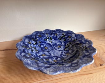 Vintage Greek Hand Painted Blue Floral Ceramic Bowl | Scalloped Serving Bowl | Signed Pottery from Greece | 11 Inch Decorative Dis
