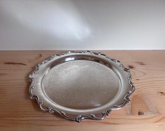 Bandeja vintage Webster Wilcox plateada Joanne 7270, bandeja redonda para servir, plato plateado ornamentado, grabado floral, decoración para bar