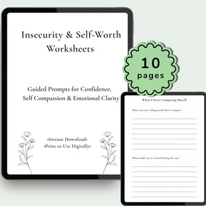 Self-Worth & Insecurity Worksheets Printable | Guided Journal Prompts PDF | Mental Health Workbook | Therapy Worksheets PDF
