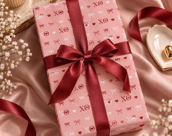 Luxury Pink Bows and XO Valentine's Wrapping Paper | Pink Valentine Gift Wrap