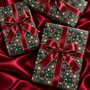 May include: Three rectangular gift boxes wrapped in dark green paper featuring a repeating pattern of gold, red, and green Christmas ornaments, snowflakes, and bells. Each box is tied with a wide, deep red satin ribbon and a large bow.