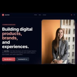 Könnte beinhalten: Webdesign mit dem Namen "Jane Doe" oben und dem Text "Building digital products, brands, and experiences." Eine Frau in einem grauen Blazer sitzt in der Nähe eines Fensters. Die Website enthält Schaltflächen mit der Aufschrift "View My Work" und "Download CV."