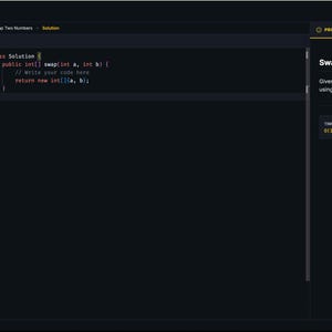 Może przedstawiać: Ciemny interfejs kodowania z wyświetlonym tytułem "Swap Two Numbers". Interfejs zawiera fragmenty kodu, opis problemu i metryki oceny. Układ jest przeznaczony do rozm&oacute;w kwalifikacyjnych z kodowania.