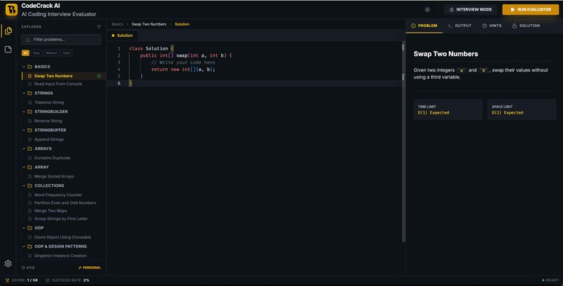 Może przedstawiać: Ciemny interfejs kodowania z wyświetlonym tytułem "Swap Two Numbers". Interfejs zawiera fragmenty kodu, opis problemu i metryki oceny. Układ jest przeznaczony do rozm&oacute;w kwalifikacyjnych z kodowania.