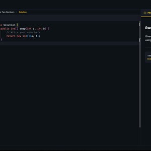 Może przedstawiać: Ciemny interfejs komputera wyświetlający kod i tekst związany z problemem kodowania. Tekst brzmi "Swap Two Numbers" i zawiera instrukcje. Interfejs zawiera edytor kodu i sekcję ze szczeg&oacute;łami problemu.