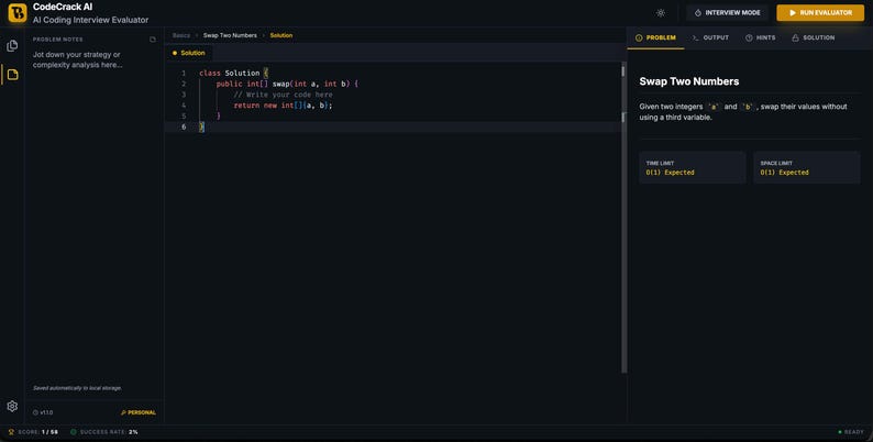 Może przedstawiać: Ciemny interfejs komputera wyświetlający kod i tekst związany z problemem kodowania. Tekst brzmi "Swap Two Numbers" i zawiera instrukcje. Interfejs zawiera edytor kodu i sekcję ze szczeg&oacute;łami problemu.