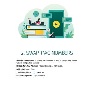 May include: An illustration about swapping two numbers. The image shows a person sitting on a stack of books, a person using a laptop, and a smartphone with a play button. The text reads "2. SWAP TWO NUMBERS".