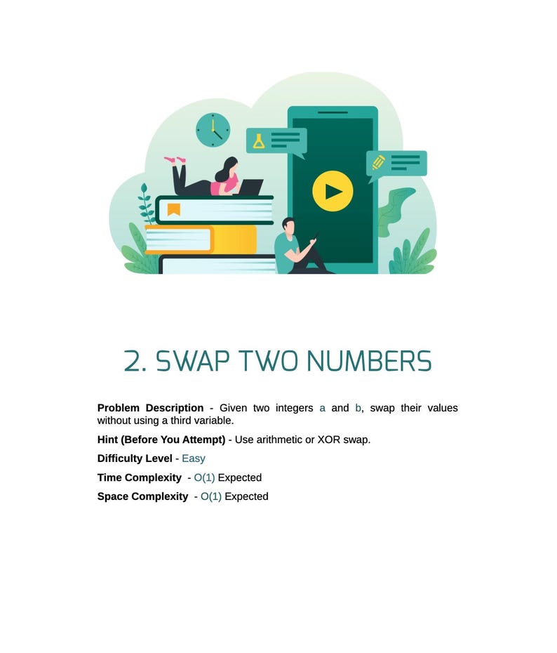May include: An illustration about swapping two numbers. The image shows a person sitting on a stack of books, a person using a laptop, and a smartphone with a play button. The text reads "2. SWAP TWO NUMBERS".
