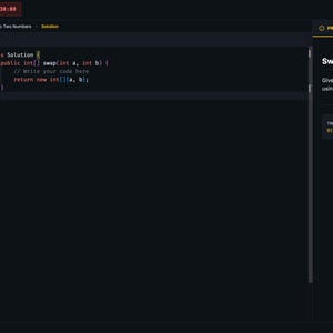 Może przedstawiać: Ciemny interfejs kodowania z tekstem "Swap Two Numbers" i fragmentami kodu. Interfejs zawiera opis problemu, limity testowe i sekcję rozwiązań. Ekran wyświetla kod i timer.