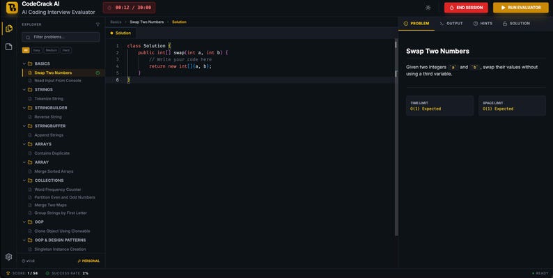 Może przedstawiać: Ciemny interfejs kodowania z tekstem "Swap Two Numbers" i fragmentami kodu. Interfejs zawiera opis problemu, limity testowe i sekcję rozwiązań. Ekran wyświetla kod i timer.