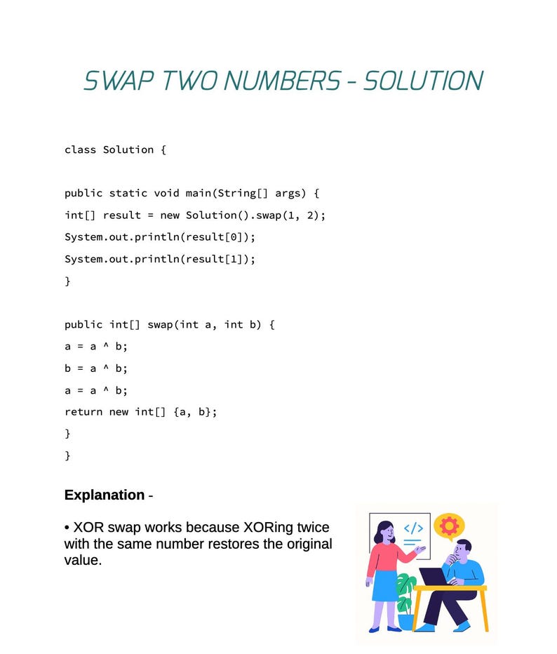 May include: A white background with the text "SWAP TWO NUMBERS - SOLUTION" in teal. The image shows code in a programming language, including a function to swap two numbers using XOR operations. An illustration explains the XOR swap.