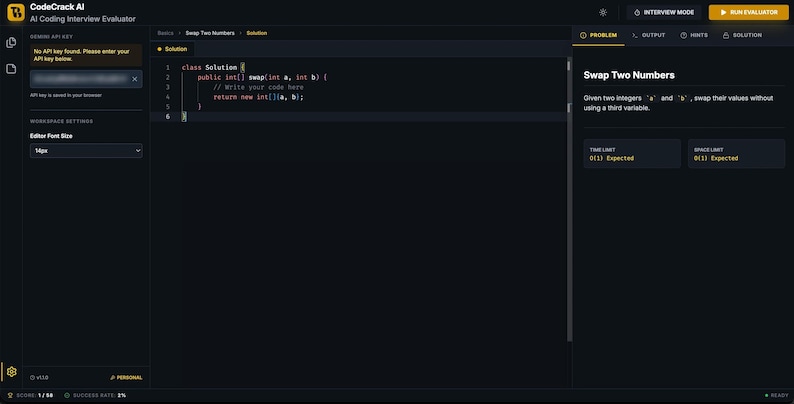 Może przedstawiać: Ciemny interfejs kodowania z tekstem "Swap Two Numbers" i fragmentami kodu. Interfejs zawiera opis problemu, edytor kodu i narzędzia ewaluacyjne. Ekran wyświetla kod i monity dotyczące wyzwania związanego z kodowaniem.
