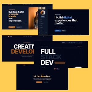 Puede incluir: Varias maquetas de sitios web con una combinación de colores azul oscuro y naranja. El texto incluye "Building digital products, brands, and experiences", "I build digital experiences that matter" y "Hi, I'm Jane Doe."