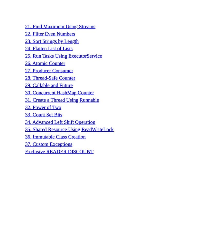 May include: A white background with a list of numbered programming topics in black text. Topics include "Find Maximum Using Streams", "Filter Even Numbers", and "Atomic Counter". The text "Exclusive READER DISCOUNT" is also visible.