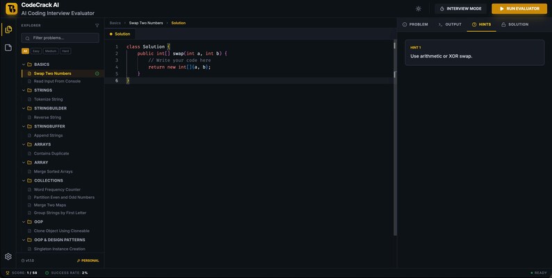 Może przedstawiać: Ciemny interfejs kodowania z tekstem "CodeCrack AI Coding Interview Evaluator" u g&oacute;ry. Interfejs wyświetla kod, menu po lewej stronie i monit o użycie arytmetyki lub zamiany XOR.
