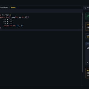 Może przedstawiać: Ciemny interfejs kodowania wyświetla kod do zamiany dw&oacute;ch liczb. Interfejs zawiera menu po lewej stronie, kod na środku i szczeg&oacute;ły rozwiązania po prawej stronie. Kod jest napisany w języku programowania.