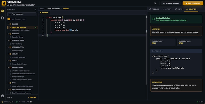 Może przedstawiać: Ciemny interfejs kodowania wyświetla kod do zamiany dw&oacute;ch liczb. Interfejs zawiera menu po lewej stronie, kod na środku i szczeg&oacute;ły rozwiązania po prawej stronie. Kod jest napisany w języku programowania.