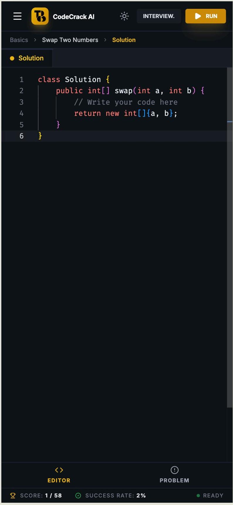 Może przedstawiać: Zrzut ekranu interfejsu kodowania z tekstem "class Solution" i funkcją zamiany dw&oacute;ch liczb. Interfejs jest ciemny z podświetlonym kodem i przyciskiem "RUN".