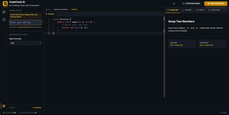 Może przedstawiać: Ciemny interfejs kodowania z "CodeCrack AI". Interfejs zawiera edytor kodu, opis problemu i sekcję wprowadzania klucza API. Problem to "Swap Two Numbers".