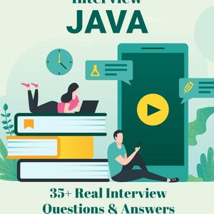 May include: An illustration for a coding interview guide. The image features the text "Crack the Coding Interview JAVA" and "35+ Real Interview Questions & Answers". A person is using a laptop on a stack of books, and another is using a phone.